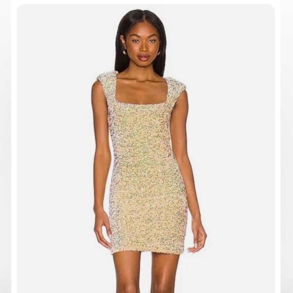 ASTR the Label Galaxy Dress Iridescent Gold Sequin Embellished Mini Dress Small